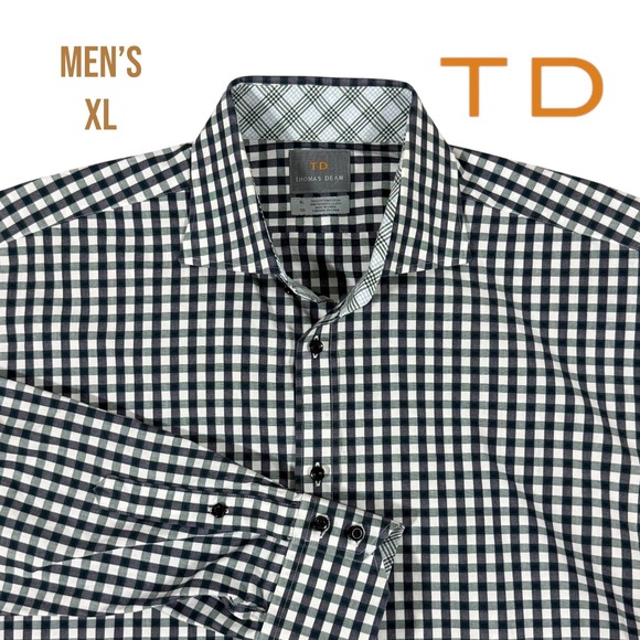 Thomas Dean Other - Thomas Dean Men's‎ XL Check Dress Shirt Black White Plaid Long Sleeve Cotton